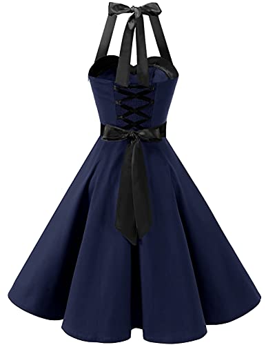 Dresstells Damen Neckholder 1950er Vintage Retro Rockabilly Kleider Petticoat Faltenrock Cocktail Festliche Kleider Navy Black M - 2