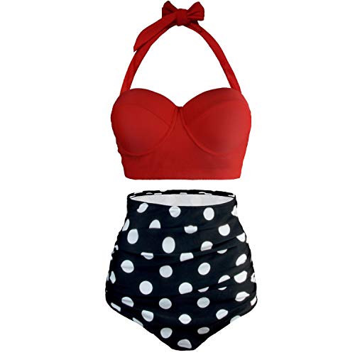 UPhitnis Damen Bikini Set Bademode Retro Stil Blumen Falten Badeanzug, Rot, Gr.- XL