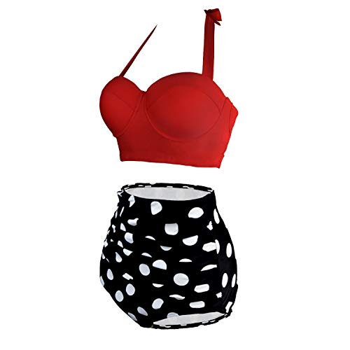 UPhitnis Damen Bikini Set Bademode Retro Stil Blumen Falten Badeanzug, Rot, Gr.- XL - 3
