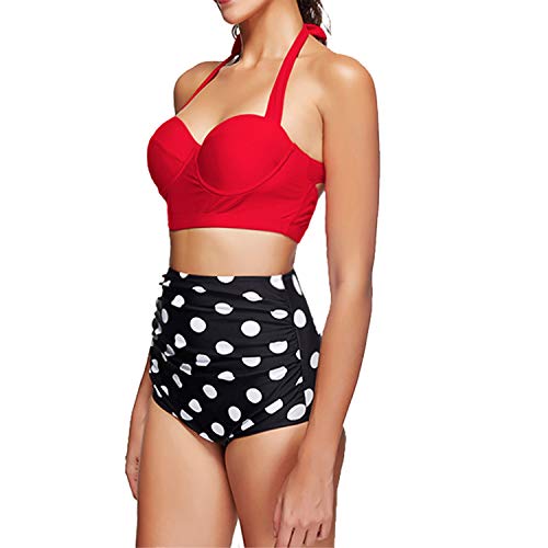 UPhitnis Damen Bikini Set Bademode Retro Stil Blumen Falten Badeanzug, Rot, Gr.- XL - 5