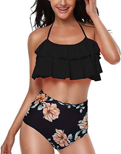 Damen Bikini Set Retro Volant Hohe Taille Bademode Badeanzug Neckholder Zweiteilige Strandkleidung für Frauen Schwarz S