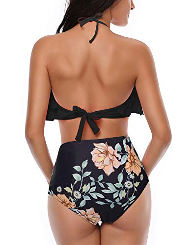 Damen Bikini Set Retro Volant Hohe Taille Bademode Badeanzug Neckholder Zweiteilige Strandkleidung für Frauen Schwarz S - 4