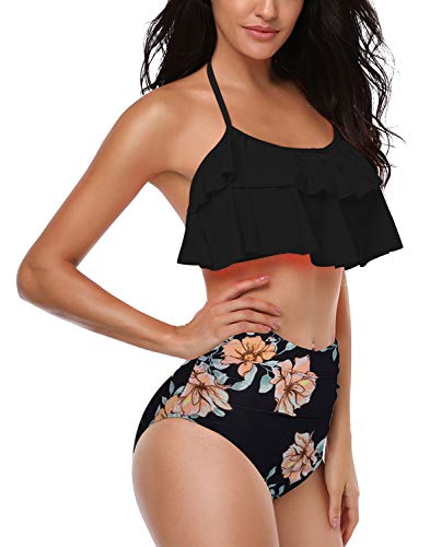 Damen Bikini Set Retro Volant Hohe Taille Bademode Badeanzug Neckholder Zweiteilige Strandkleidung für Frauen Schwarz S - 2