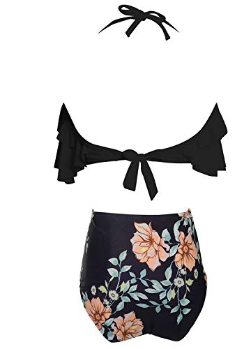 Damen Bikini Set Retro Volant Hohe Taille Bademode Badeanzug Neckholder Zweiteilige Strandkleidung für Frauen Schwarz S - 6