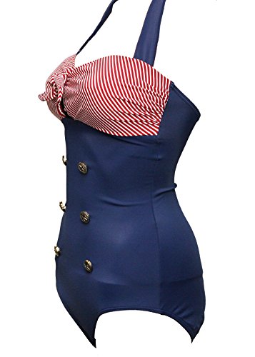 Bslingerie® Sexy Damen Retro Bademode Übergröße Halfter einteiliger Badeanzüge Monokini (S, Rot-Blau) - 2