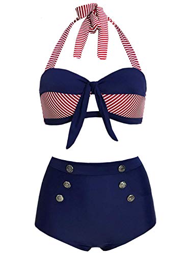 Doballa Damen 50er Retro Bademode Bikini Set Neckholder Push up hohe Taille Bauchweg Gestreift (S(EU36), Rot und Marine)