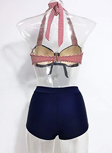 Doballa Damen 50er Retro Bademode Bikini Set Neckholder Push up hohe Taille Bauchweg Gestreift (S(EU36), Rot und Marine) - 5