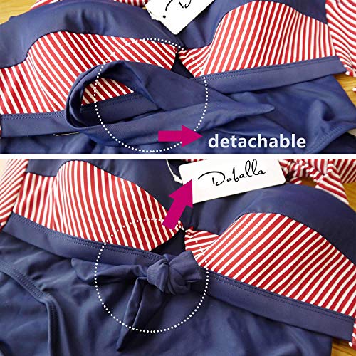 Doballa Damen 50er Retro Bademode Bikini Set Neckholder Push up hohe Taille Bauchweg Gestreift (S(EU36), Rot und Marine) - 6