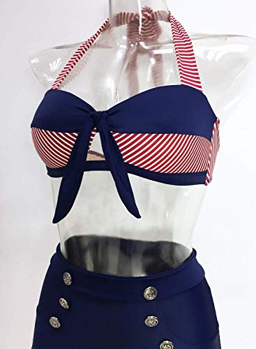 Doballa Damen 50er Retro Bademode Bikini Set Neckholder Push up hohe Taille Bauchweg Gestreift (S(EU36), Rot und Marine) - 4