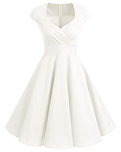 bbonlinedress 1950er Vintage Retro Cocktailkleid Rockabilly V-Ausschnitt Faltenrock White (Creme) S - 2