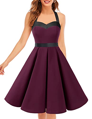 DRESSTELLS Damen Neckholder 1950er Vintage Retro Rockabilly Kleider Petticoat Faltenrock Cocktail Festliche Kleider Burgundy Black S