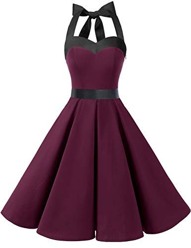 DRESSTELLS Damen Neckholder 1950er Vintage Retro Rockabilly Kleider Petticoat Faltenrock Cocktail Festliche Kleider Burgundy Black S - 8