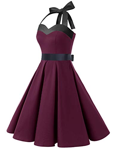 DRESSTELLS Damen Neckholder 1950er Vintage Retro Rockabilly Kleider Petticoat Faltenrock Cocktail Festliche Kleider Burgundy Black S - 2