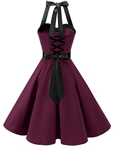 DRESSTELLS Damen Neckholder 1950er Vintage Retro Rockabilly Kleider Petticoat Faltenrock Cocktail Festliche Kleider Burgundy Black S - 3