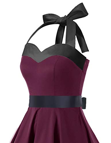 DRESSTELLS Damen Neckholder 1950er Vintage Retro Rockabilly Kleider Petticoat Faltenrock Cocktail Festliche Kleider Burgundy Black S - 6