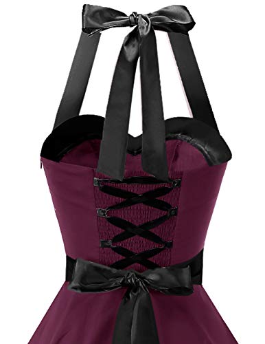 DRESSTELLS Damen Neckholder 1950er Vintage Retro Rockabilly Kleider Petticoat Faltenrock Cocktail Festliche Kleider Burgundy Black S - 7