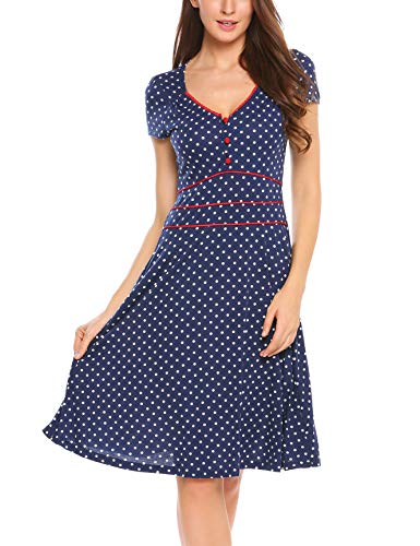 ACEVOG Damen Vintage Gepunktetes Kleid Sommer Knielang mit Kurzarm V Ausschnitt elegant Jersey Kleid Freizeitkleid (M, Blau)