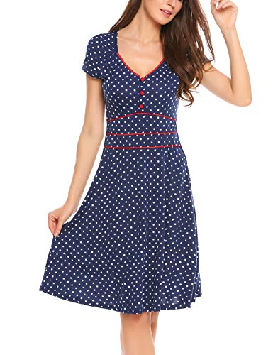 ACEVOG Damen Vintage Gepunktetes Kleid Sommer Knielang mit Kurzarm V Ausschnitt elegant Jersey Kleid Freizeitkleid (M, Blau) - 3