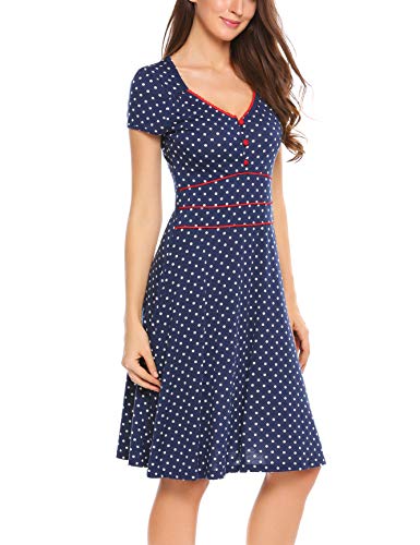 ACEVOG Damen Vintage Gepunktetes Kleid Sommer Knielang mit Kurzarm V Ausschnitt elegant Jersey Kleid Freizeitkleid (M, Blau) - 4