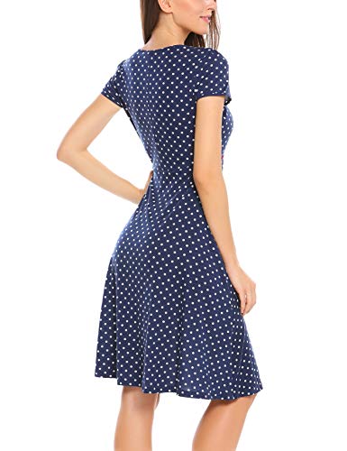 ACEVOG Damen Vintage Gepunktetes Kleid Sommer Knielang mit Kurzarm V Ausschnitt elegant Jersey Kleid Freizeitkleid (M, Blau) - 5