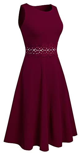 HOMEYEE Damen Vintage Rundhalsausschnitt ärmellosen Blumen Bestickt knielangen Cocktailkleid UKA079 (EU 36 = Size S, Karminrot) - 5