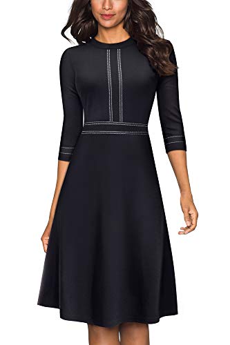 HOMEYEE Damen Vintage Rundhalsausschnitt 3/4 Ärmel Retro Knielanges Cocktailkleid A135 (EU 40 = Size L, Schwarz-B)