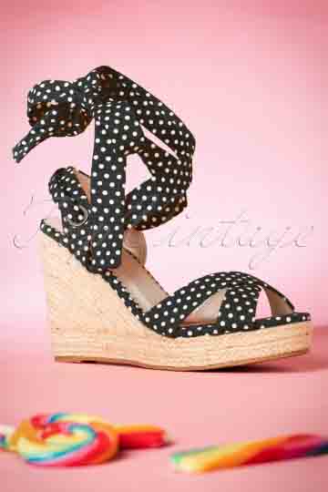 50s Poppie Polkadot Wedge Sandals in Black