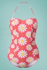 50s Crazy Daisy Halter Swimsuit in Coral Pink