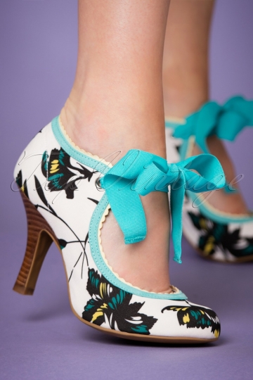 50s Willow Floral Pumps in Aqua and Ivory